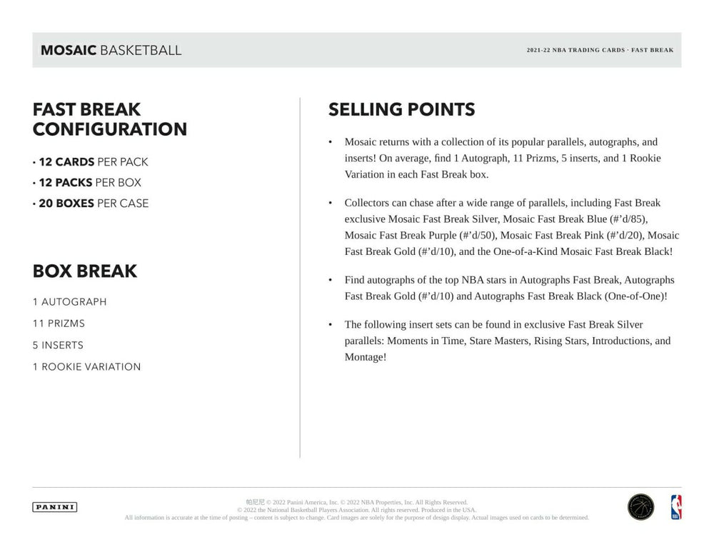 2021/22 Panini Mosaic Basketball NBA Fast Break Box Classic