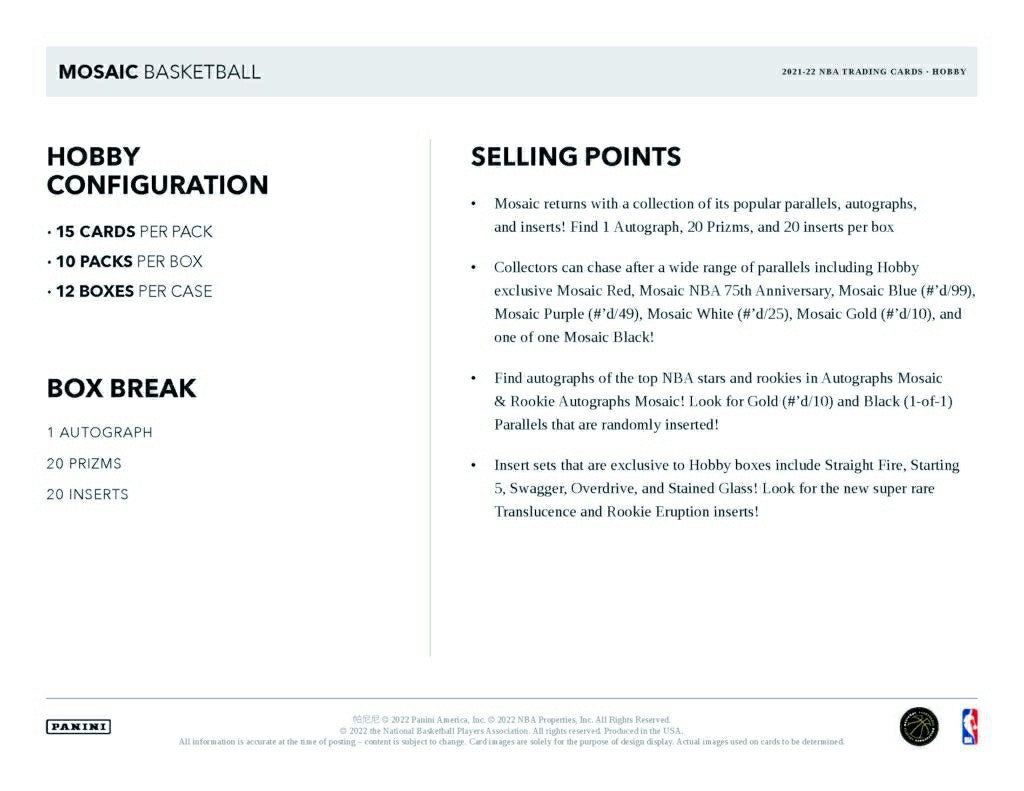 2021/22 Panini Mosaic Basketball NBA Hobby Box Taass sale
