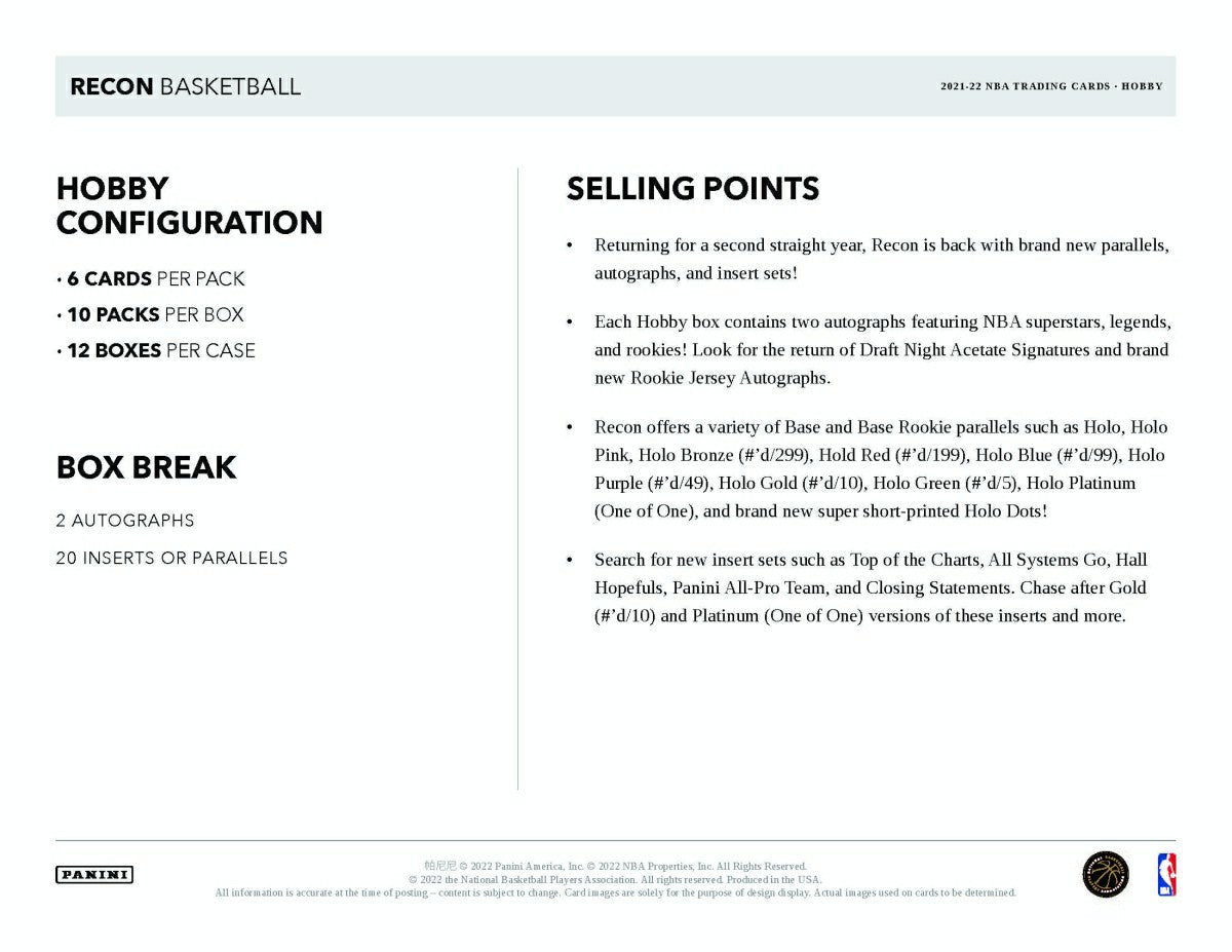2021/22 Panini Recon Basketball NBA Hobby Box Taass sale
