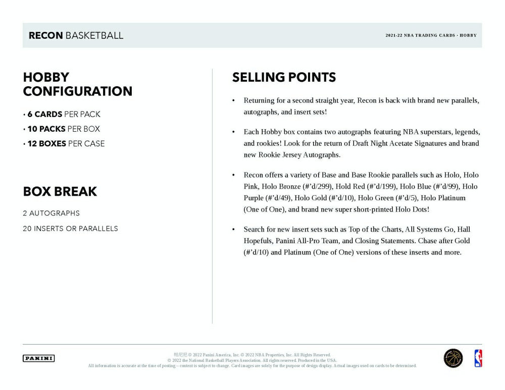 2021/22 Panini Recon Basketball NBA Hobby Box Taass sale