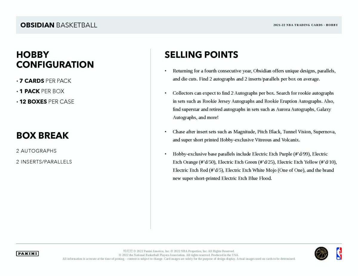 2021/22 Panini Obsidian Basketball NBA Hobby Box Taass US