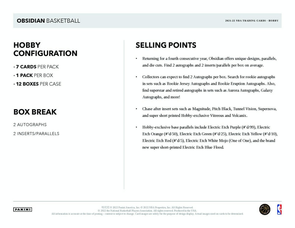 2021/22 Panini Obsidian Basketball NBA Hobby Box Taass US