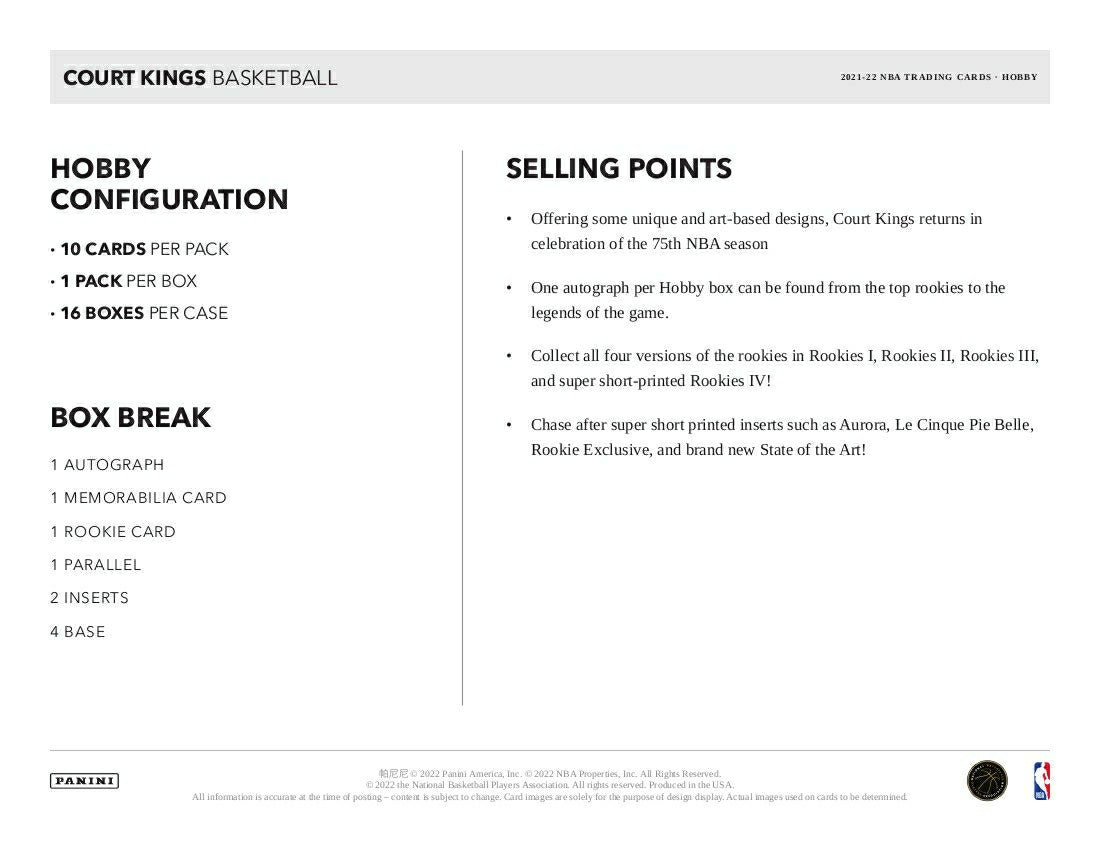 2021/22 Panini Court Kings Basketball Hobby Box NBA Lifestyle