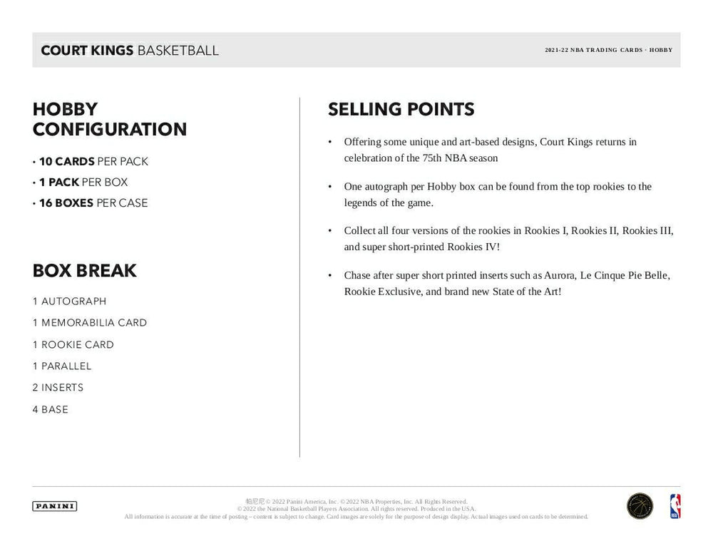 2021/22 Panini Court Kings Basketball Hobby Box NBA Lifestyle