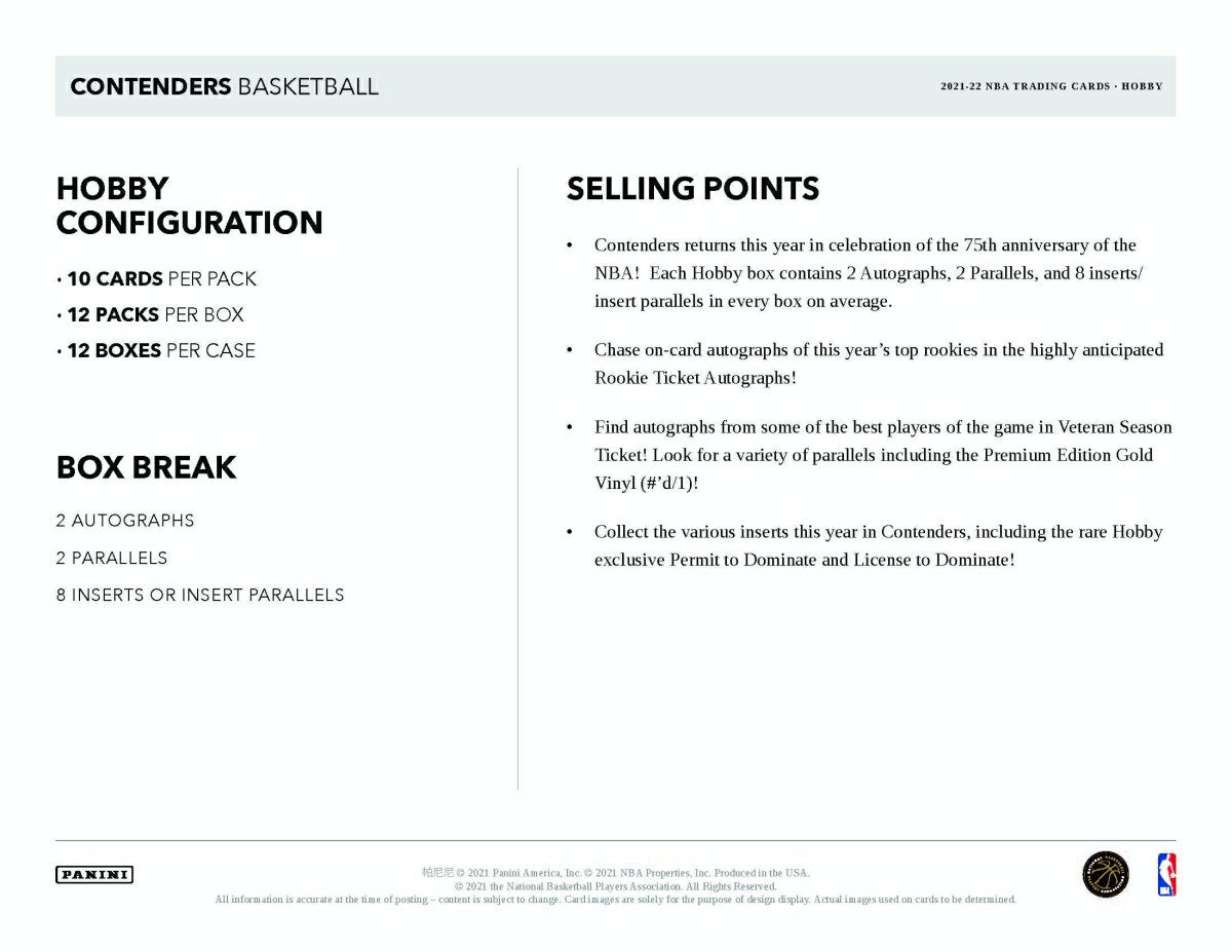 2021/22 Panini Contenders Basketball Hobby Box NBA Taass sale