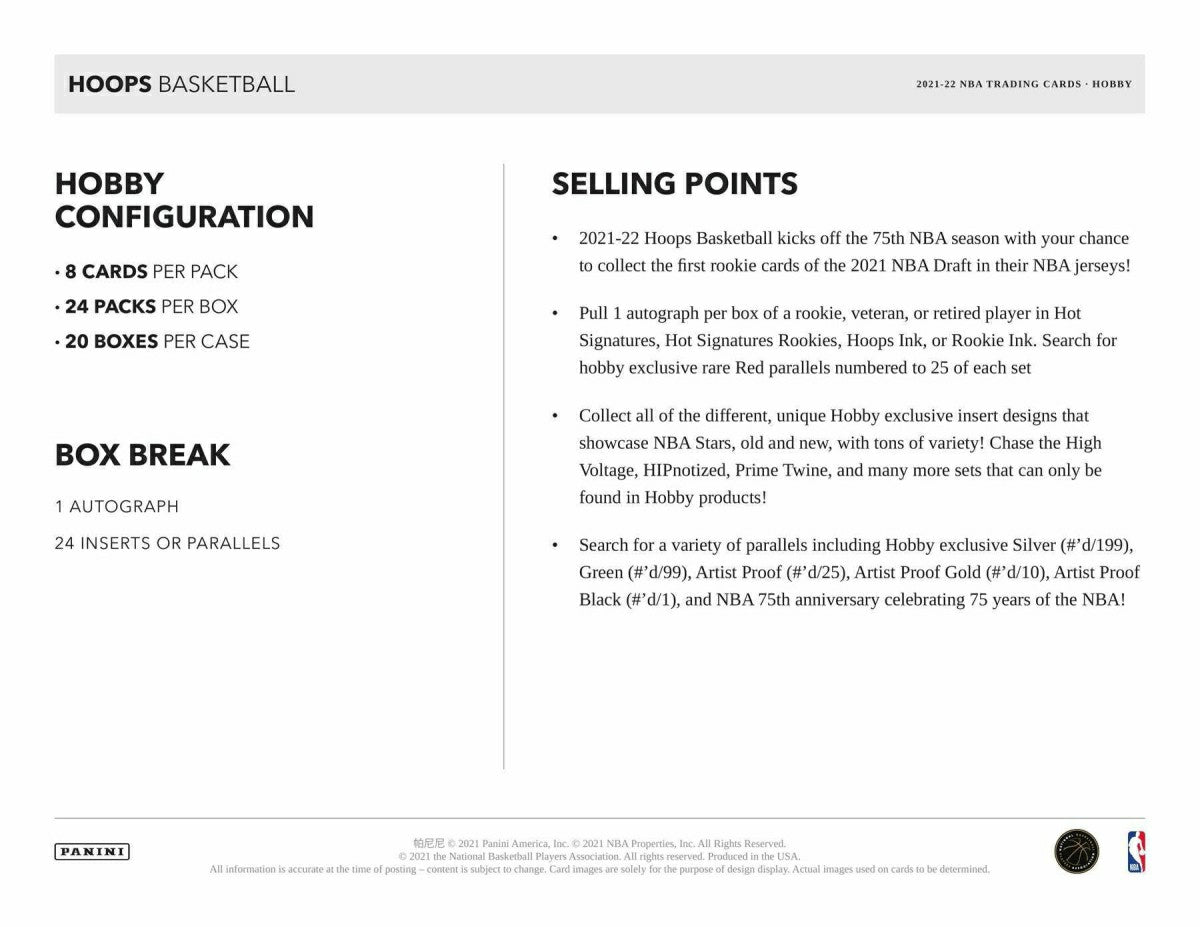 2021/22 Panini NBA Hoops Basketball Hobby Box NBA Lifestyle