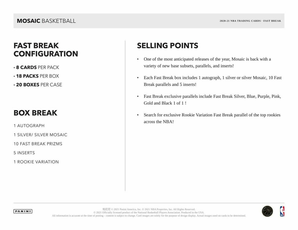 2020/21 Panini Mosaic Fast Break Basketball Hobby Box NBA Taass sale