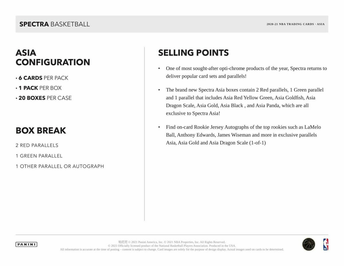 2020/21 Panini Spectra Basketball Asia Tmall Box NBA Taass for sale