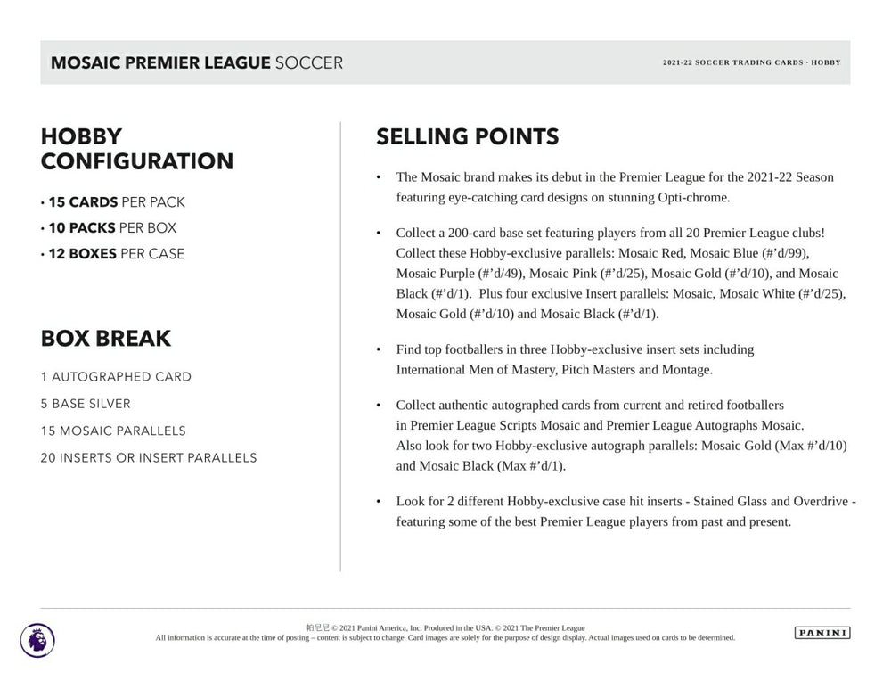 2021/22 Panini Mosaic Premier League EPL Soccer Hobby Box Taass sale